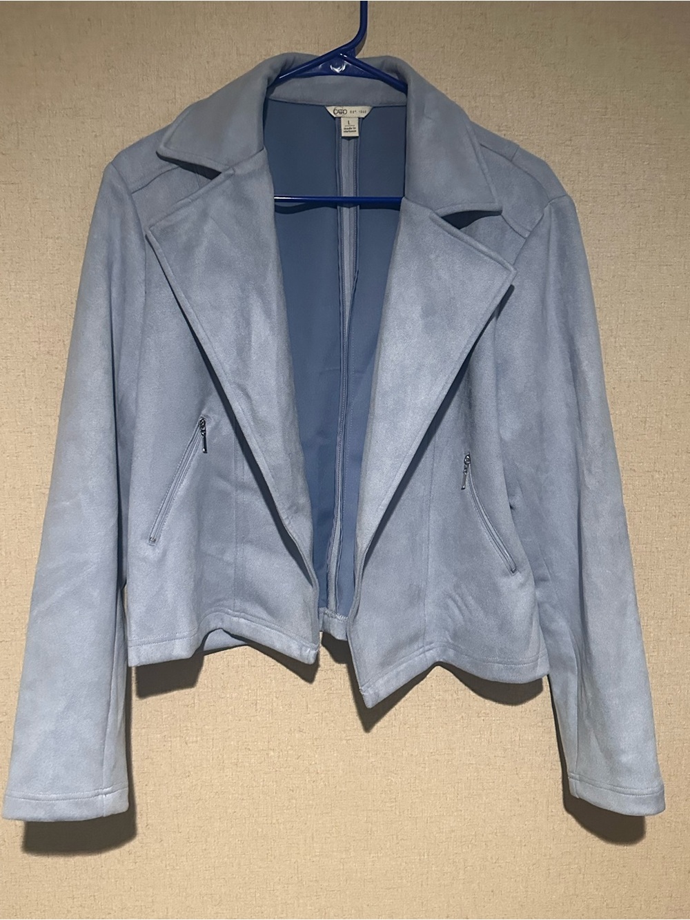 Cato Large Light Blue Suede-Style Moto Jacket
